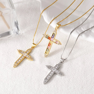 Copper box chain 18K Gold Plated Plating Inlay Cross Zircon Pendant Necklace