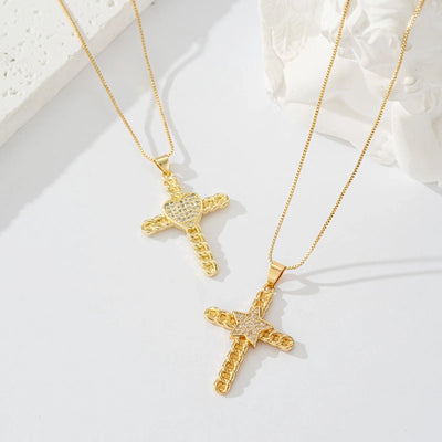 Copper box chain 18K Gold Plated Plating Inlay Cross Zircon Pendant Necklace