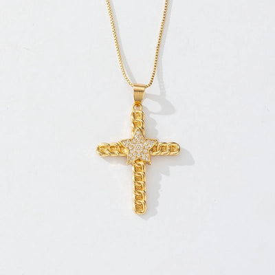 Copper box chain 18K Gold Plated Plating Inlay Cross Zircon Pendant Necklace