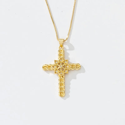 Copper box chain 18K Gold Plated Plating Inlay Cross Zircon Pendant Necklace