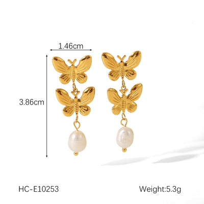 1 Pair Sweet Butterfly Bow Knot Plating Inlay 304 Stainless Steel Rhinestones Pearl 18K Gold Plated Drop Earrings Ear Studs