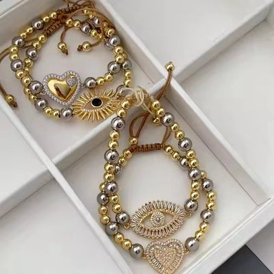 Jewelry Vintage Style Religion Classic Style Heart Shape Eye Copper Zircon Gold Plated Beaded Bracelets