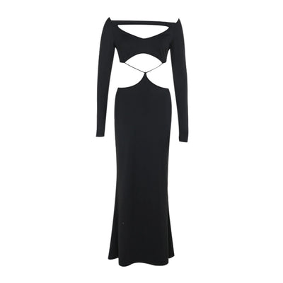 Women's Hip skirt Sexy Boat Neck Hollow Out Long Sleeve Solid Color Maxi Long Dress Cocktail Party