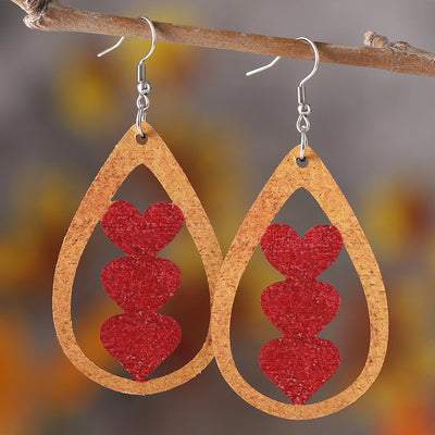 1 Pair Retro Water Droplets Heart Shape Rose Wood Drop Earrings